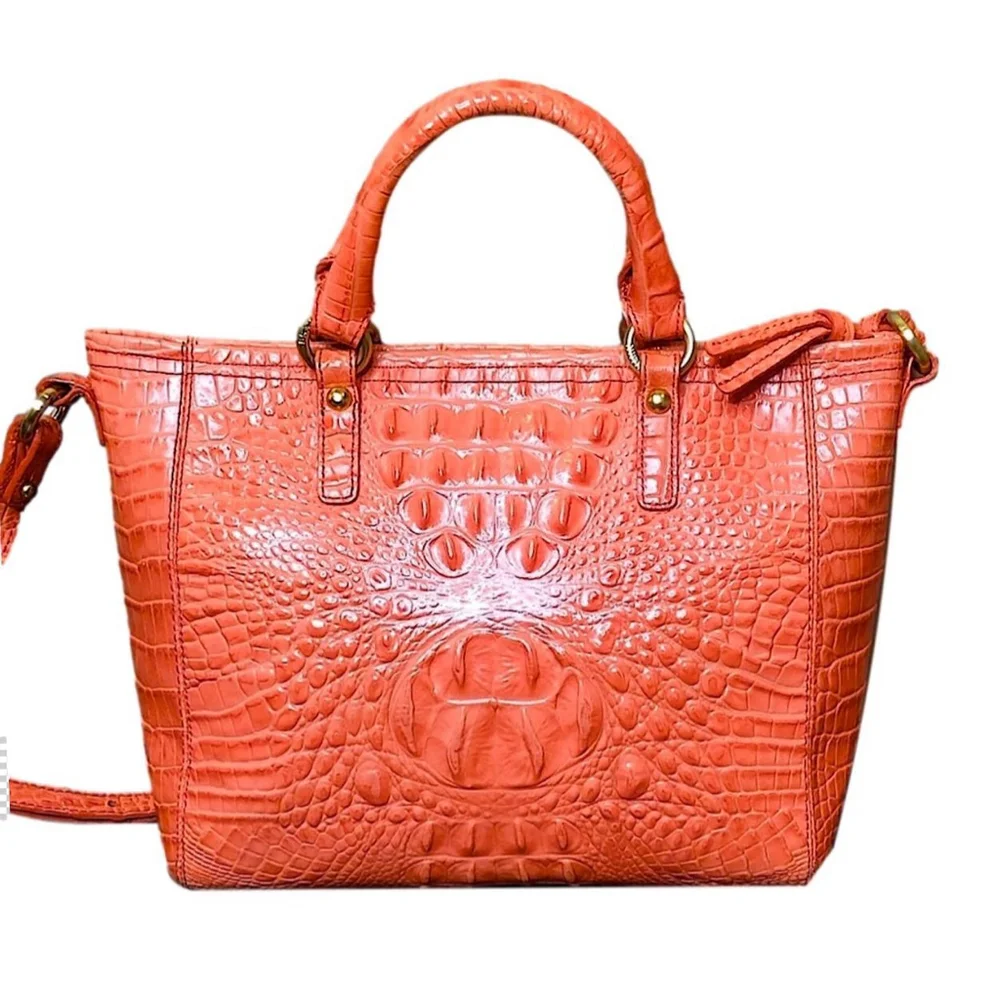 BRAHMIN Croc Embossed Leather Rolled Top Handle Tangerine Satchel Shoulder Bag